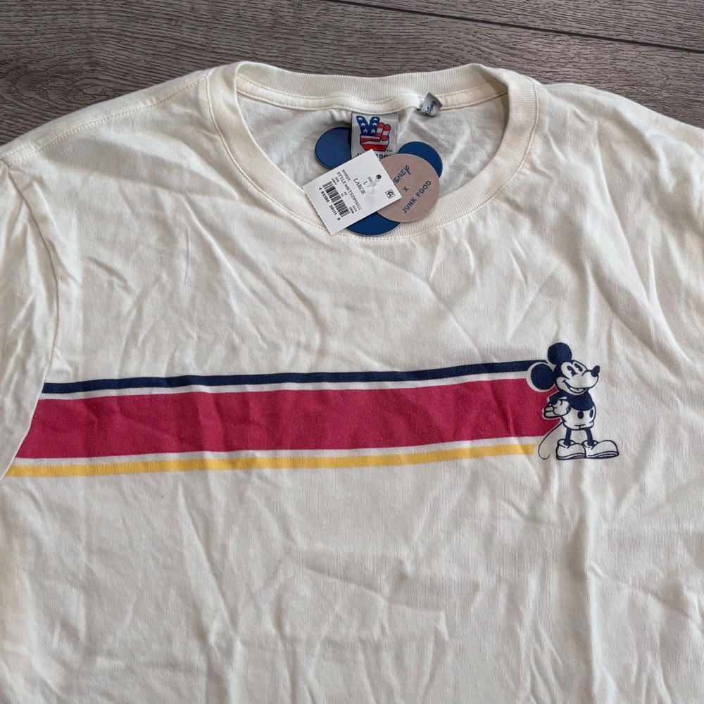 Disney x Junk Food Mickey Mouse T-Shirt Mens Large White Retro Stripe NWT‎
